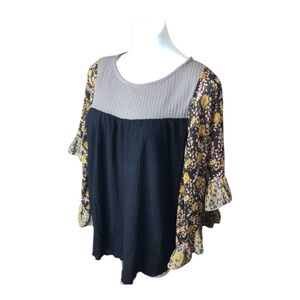 Umgee Black and Gray Waffle Top Blouse Shirt Floral Sheer Sleeves Cottagecore